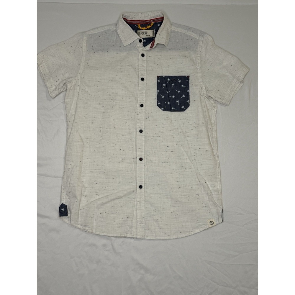 Free Planet Mens Button Up Shirt Medium Short Sleeve Cream Palm Pocket Casual
